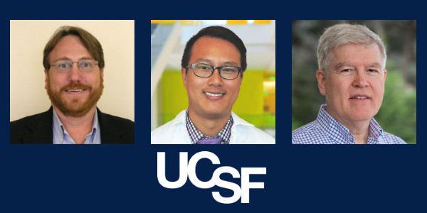 A composite of Drs. Daniel Vigneron, Anthony Wong and Robert Bok with a UCSF logo
