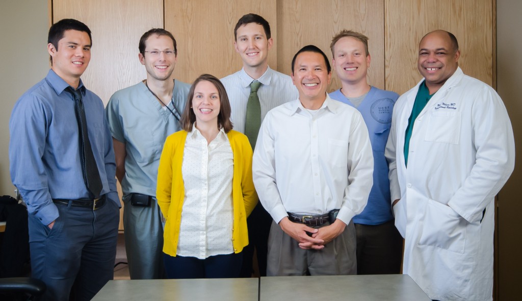 Some of the diagnostic radiology residents present at SFGH on the day of the Asiana Airlines disaster, include (l – r): Valentin Lance, MD; Aaron Miracle, MD; Kim Kallianos, MD and Marc Mabray, MD (featured in this article); as well as radiologists: Thienkhai Vu, MD; Thomas Urbania, MD; Mark Wilson, MD (featured in this article).