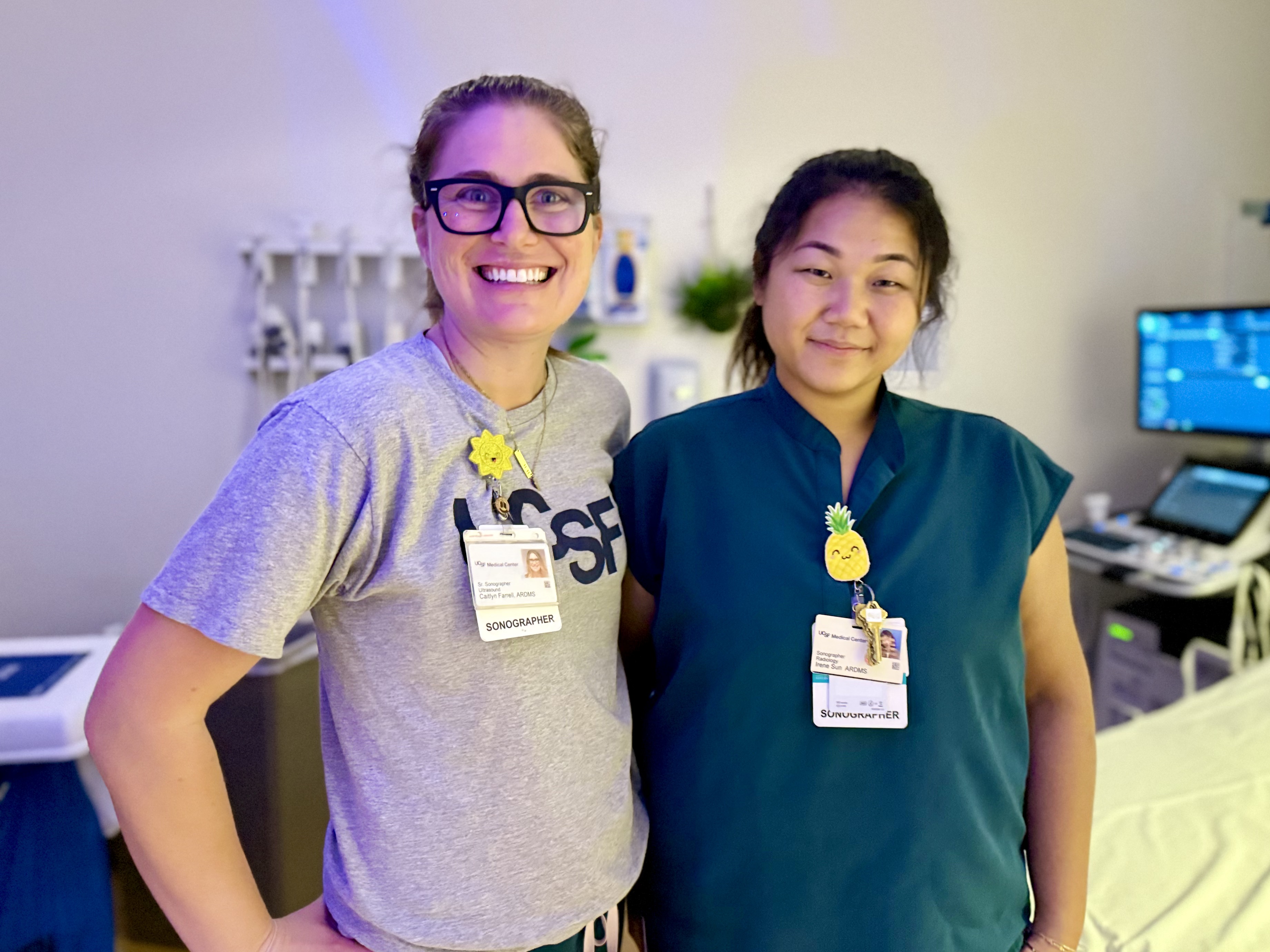Sonographers Caitlyn Farrell and Irene Sun. Two women sonographers at 400 Parnassus Ave.