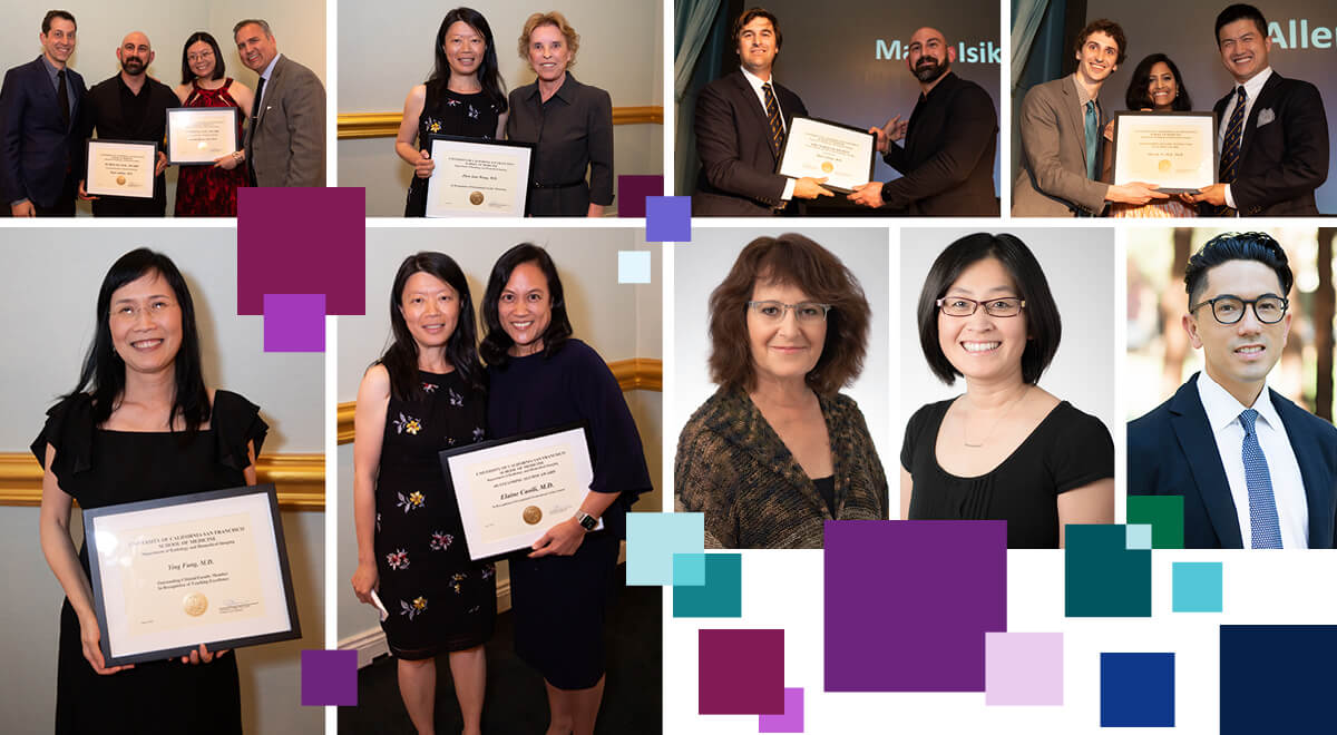 Top row, left to right: Drs. Jared Narvid, Masis Isikbay and Amanda Liu, Matt Zapala; Dr. Jane Wang with Dr. Susan Wall; Dr. Chris Mutch with Masis Isikbay; Drs. Stephen Wahlig, Madhavi Duvvuri, and Allen Ye. Bottom row, left to right: Dr. Ying Fung; Drs. Jane Wang and Elaine Caoili; Dr. Vickie Feldstein; Dr. Yi Li; Dr. Mark Sugi. Top row, left to right: Drs. Jared Narvid, Masis Isikbay and Amanda Liu, Matt Zapala; Dr. Jane Wang with Dr. Susan Wall; Dr. Chris Mutch with Masis Isikbay; Drs. Stephen Wahlig, Madhavi Duvvuri, and Allen Ye. Bottom row, left to right: Dr. Ying Fung; Drs. Jane Wang and Elaine Caoili; Dr. Vickie Feldstein; Dr. Yi Li; Dr. Mark Sugi.