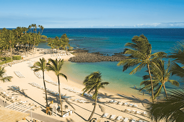 An overhead view of the beach area at the Fairmont Orchid Resort and Spa on the Big Island of Hawaii. Beach Area, Fairmont Orchid