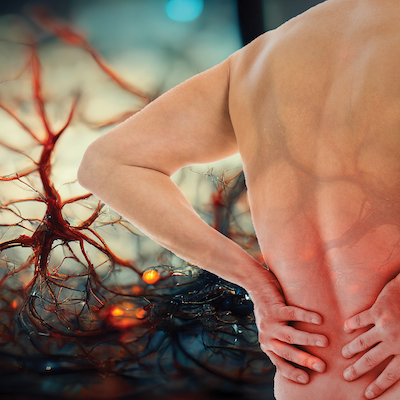 Graphic depiction of person holding back in pain