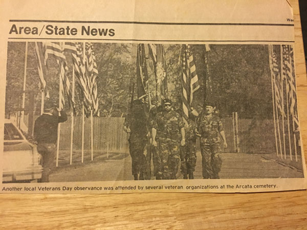 The photo in a local newspaper was in 1995, honoring Veteran’s Day at the local cemetery, In Arcada. He is pictured on the sidelines. Not getting direct attention, a position he prefers…