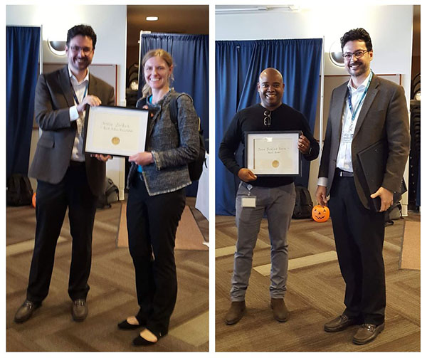 (L-R): Christopher Hess, MD, PhD and Caroline Jordan, PhD, "Best Podium Presentation" winner; Christopher Hess, MD, PhD and Denis Beckford Vera, PhD "Best Poster" winner