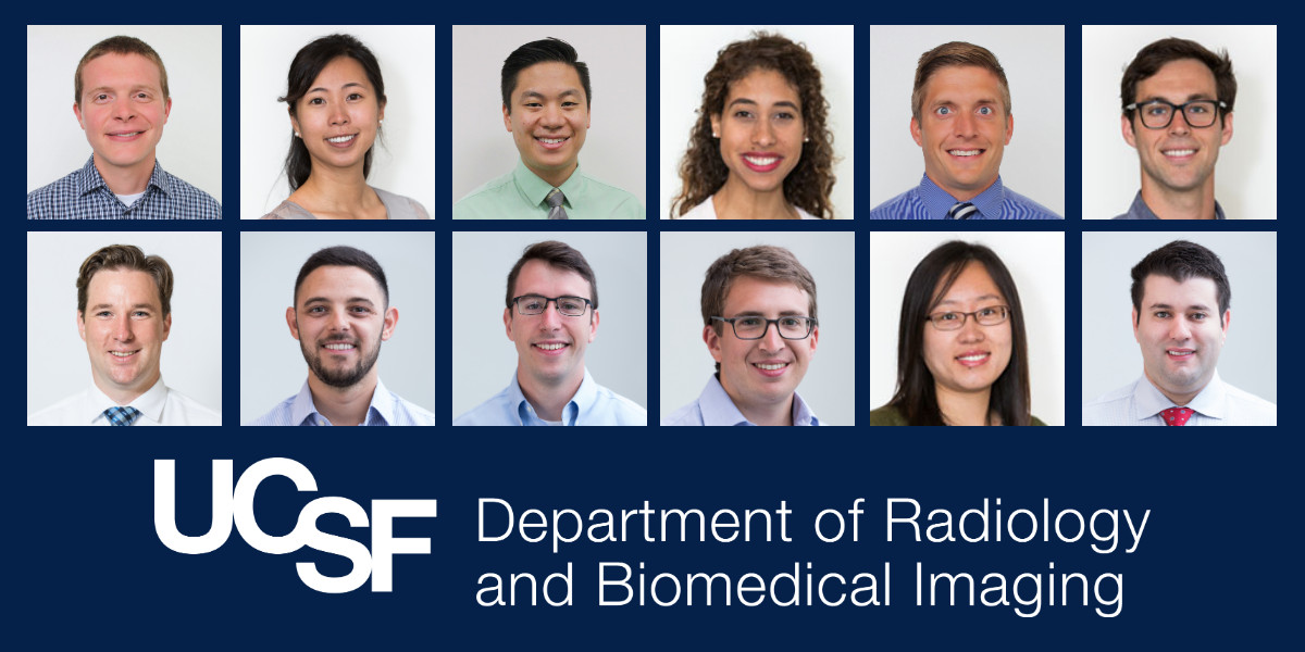 UCSF Radiology Residents at RSNA20. Top (L-R): Evan Calabrese, MD, PhD; Maggie Chung, MD; Brian Trinh, MD; Jeannette Mathieu, MD; Karl Grunseich, MD; Kevin Sweetwood, MD. Bottom (L-R): Justin Remer, MD; Michael Khanjyan, MD; Ethan Speir, MD; Andrew Fenster, MD; Yan Li, MD, PhD; Emmanuel Carrodeguas, MD