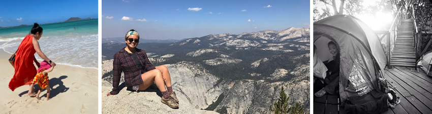 Jennifer Chiu sitting on a mountain top, on a beach with her daughter.