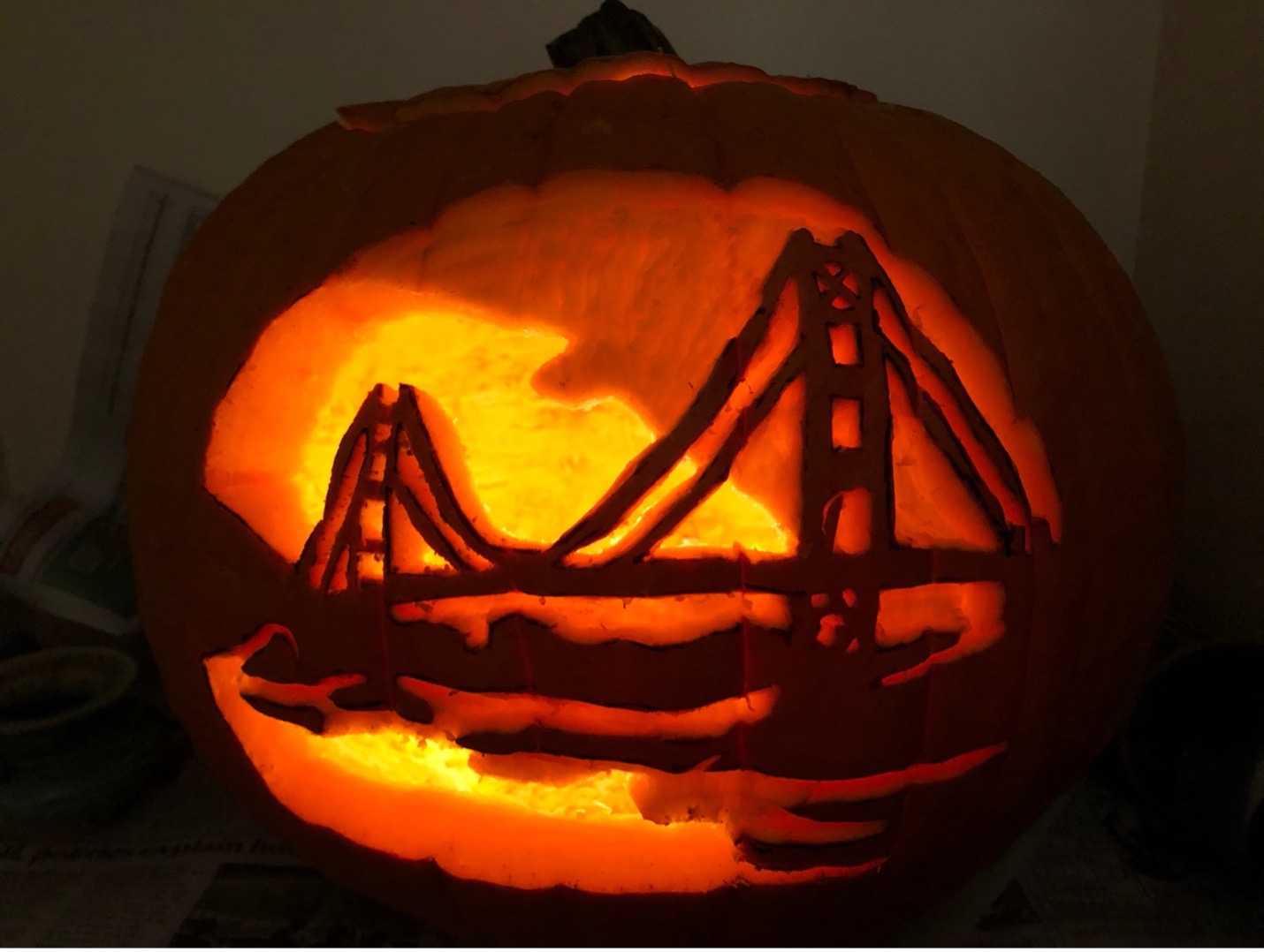 A carved pumpkin depicting the Golden Gate bridge. A carved pumpkin depicting the Golden Gate bridge.