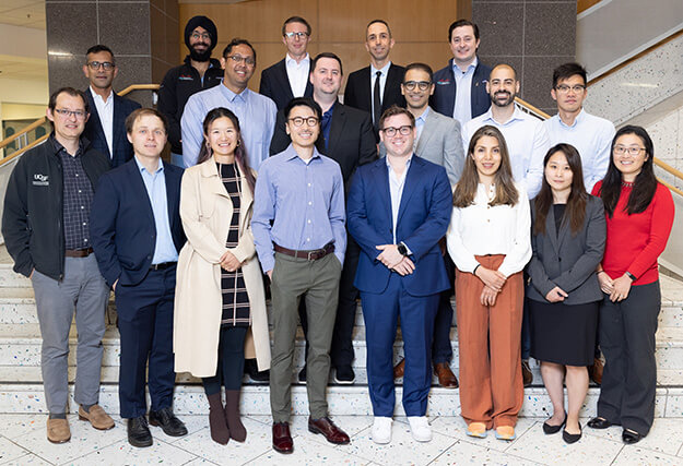 Neuroradiology Fellows: (Top row) Sartaaj Walia, Michael Thomas, Dror Suhmai, Nicholas Hoehnle. (Middle row) Vinil Shah (Chief), Lohith Kini, Mark McArthur, Ali Tejani, Camilo Campo, Phuong Nguyen. (Front row) Andreas Rauschecker (APD), Luke Bonham, Minerva Zhou, Harrison Lee, Cullen Fleming, Ellie Beheshtian, Katherine Wei, Yi Li (PD). (Not Pictured: Bryce Beutler) 2025-2026 Neuroradiology Fellows
