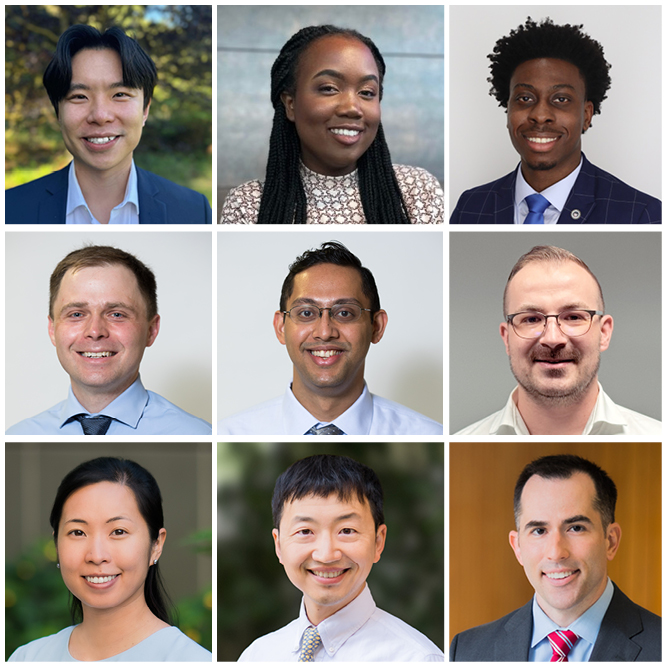 Left to right Top, Medical Students: Jonathan Shih, Cindy Folefack, Ibukunoluwa Ibrahim Middle, Trainees: Luke Bonham, MD, Lohith Kini, MD, PhD, Tician Schnitzler, MD Bottom, Faculty: Maggie Chung, MD, Jaehoon Shin, MD, PhD, Sean Woolen, MD RSNA recipients
