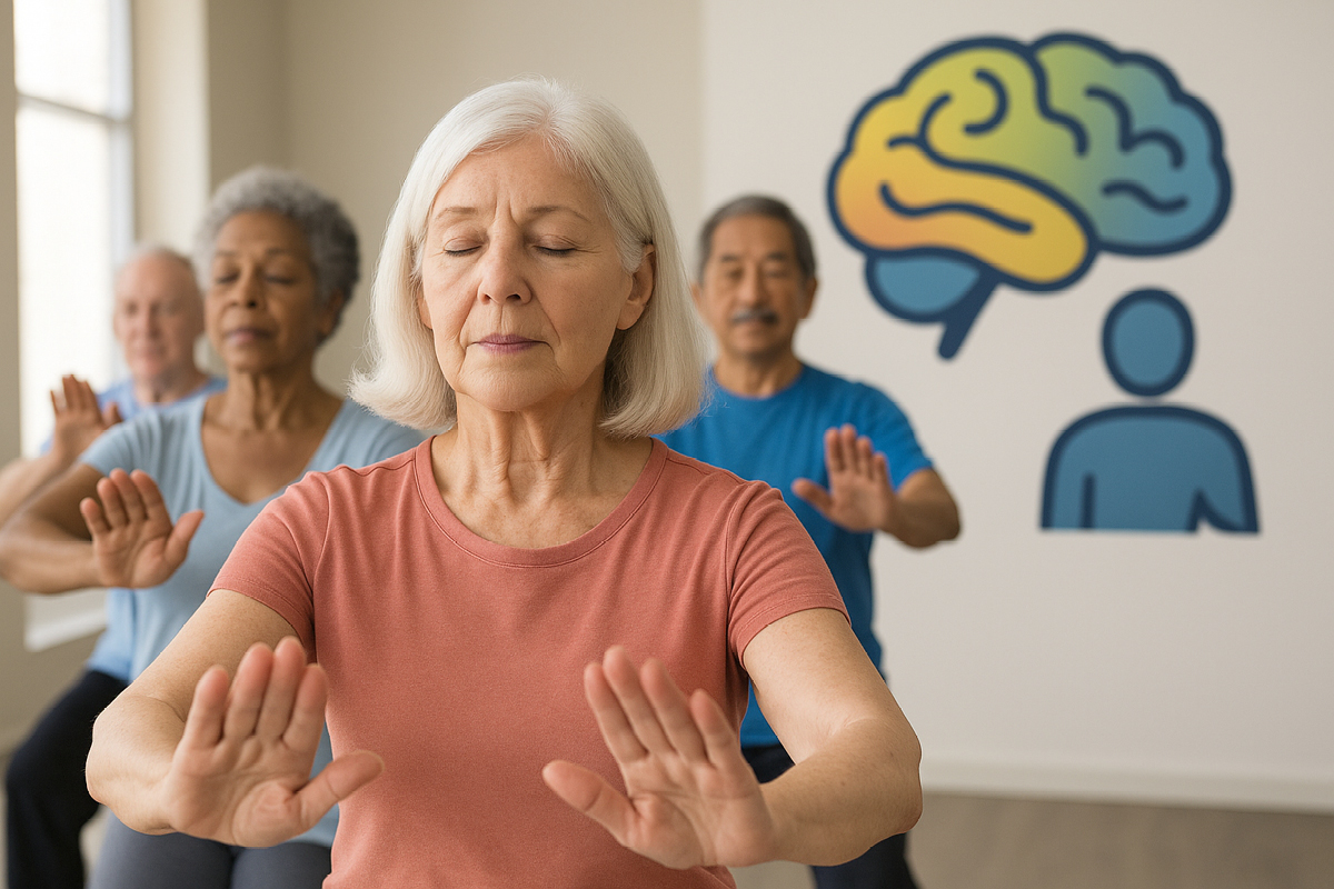 older humans doing movement in a room with an icon of a brain.