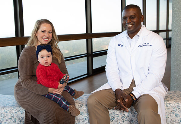 UCSF Patient Maryana Kessel, with her daughter Emily, and Kevin McGill, MD, MPH, Director of Musculoskeletal Interventions