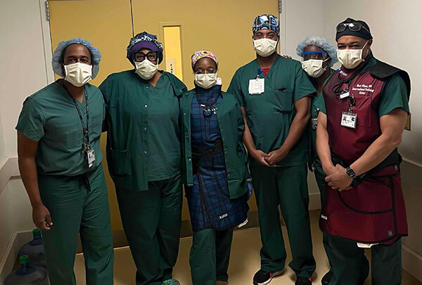 From left to right: Christopher Brunson, MD, Elaine Martin, RN, Viana Larkin, RN, Antoine Pierce, RN, Alana Walker, RT, Mark Wilson, MD Christopher Brunson, MD, Elaine Martin, RN, Viana Larkin, RN, Antoine Pierce, RN, Alana Walker, RT, Mark Wilson, MD