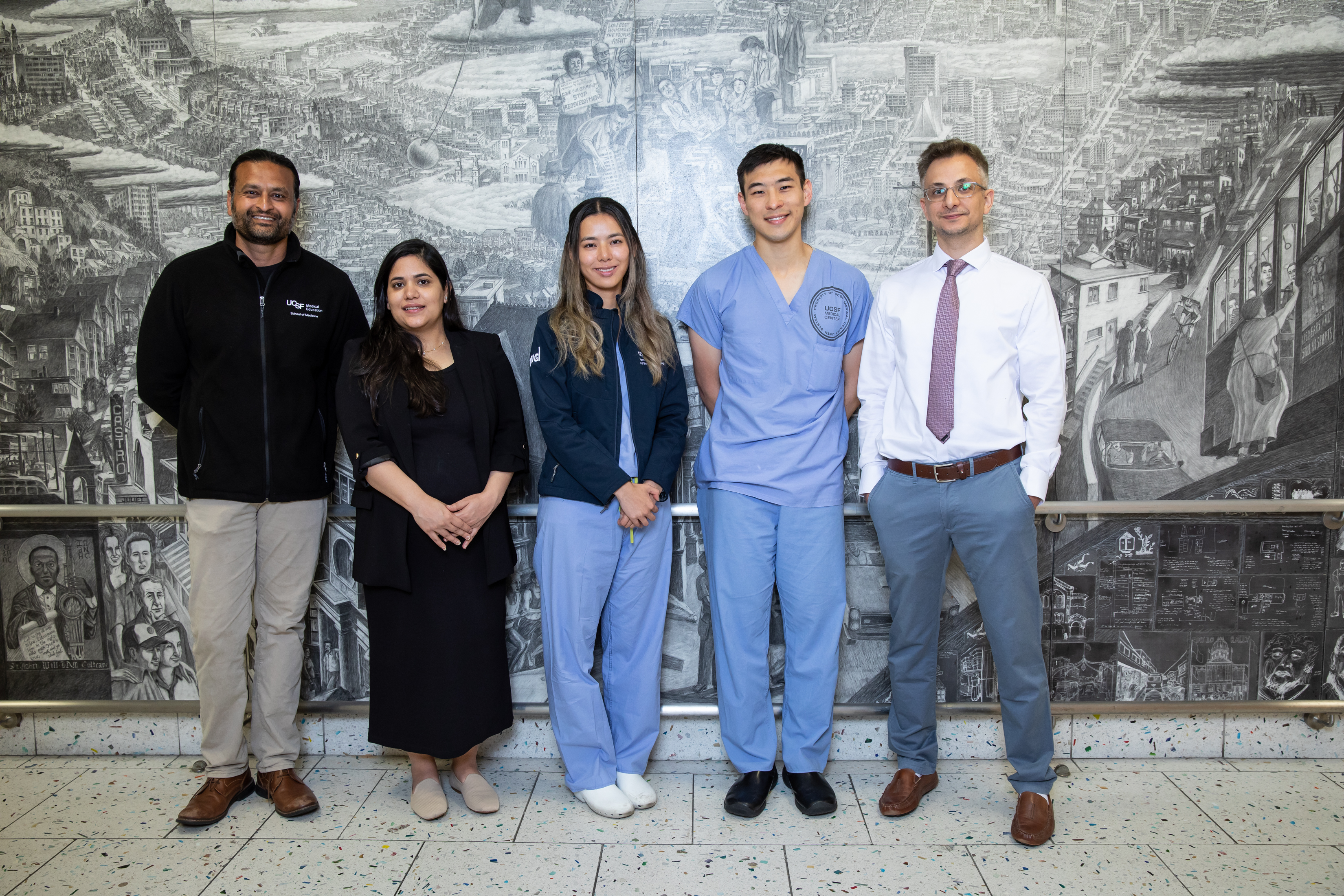 A group of five people in front of Radiology offices.