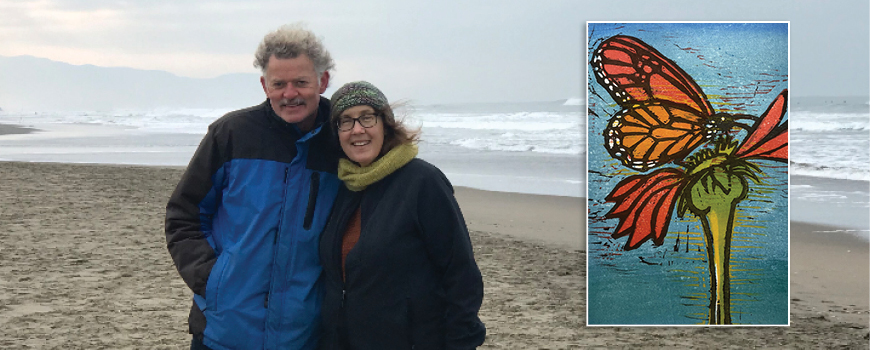 Katie and her husband at the beach. Featuring a Japanese woodblock print by Katie. Katie and her husband at the beach. Feature artwork made by Katie.