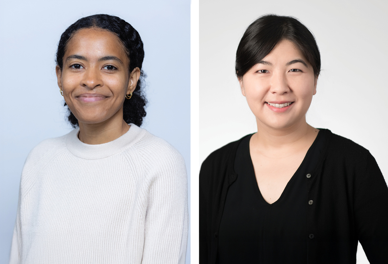 Lydia Kwarteng and Amie Lee who are side by side; on the left, a woman with dark curly hair pulled back, wearing a light knit sweater and small hoop earrings, smiling softly; on the right, a woman with straight dark hair in a low updo, wearing a black top and cardigan, also smiling.