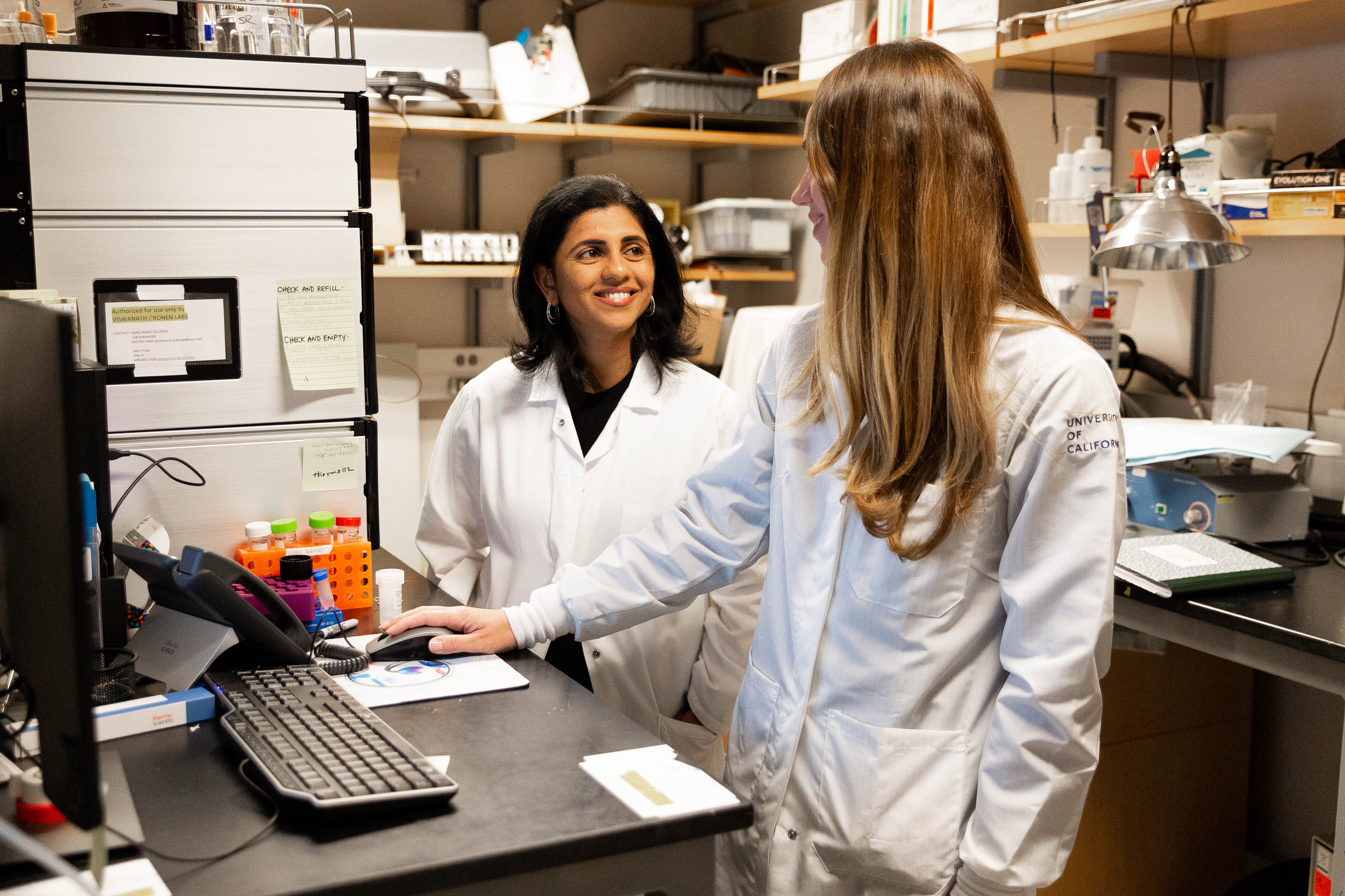 Pavithra Viswanath in her lab with a team member
