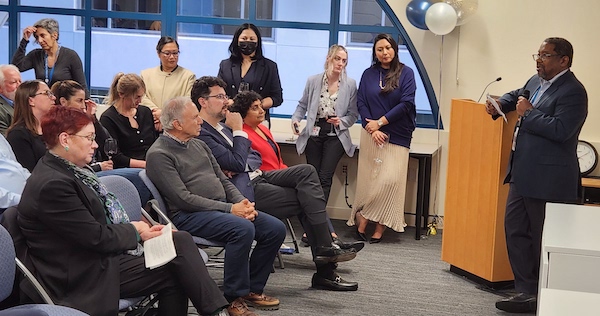 Executive Vice Chancellor and Provost Catherine Lucey, former chair Ron Arenson, Chair Chris Hess, and Vice Chair Sharmila Majumdar listen to Dean Talmodge King at 20th Anniversary Executive Vice Chancellor and Provost Catherine Lucey, former chair Ron Arenson, Chair Chris Hess, and Vice Chair Sharmila Majumdar listen to Dean Talmodge King at 20th Anniversary