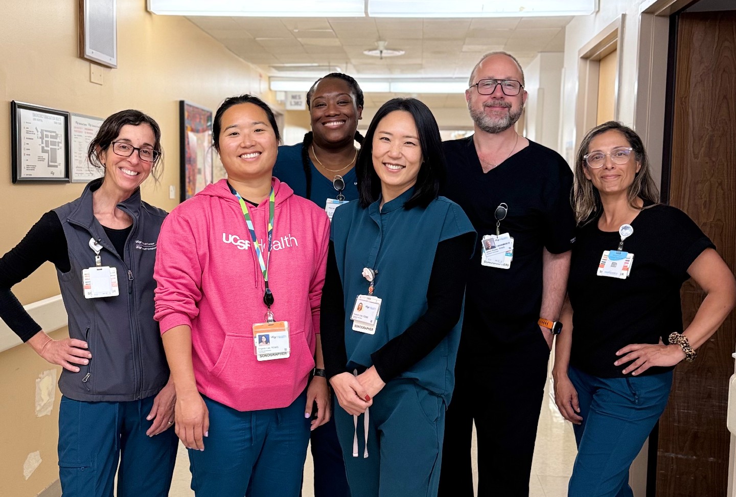 Sonographers Jane Glover, Angela Lee, Evette Iweka, Soyeon Lind, Jason Rouse, and Catherine Lindo-Evensen. Group of sonographers.