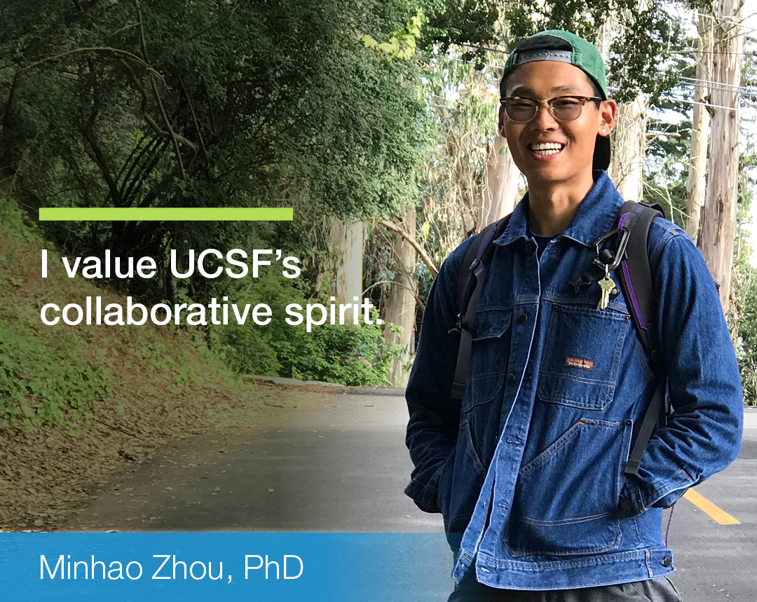 Person in blue jacket, with words saying "I value UCSF's Collaborative Spirit"