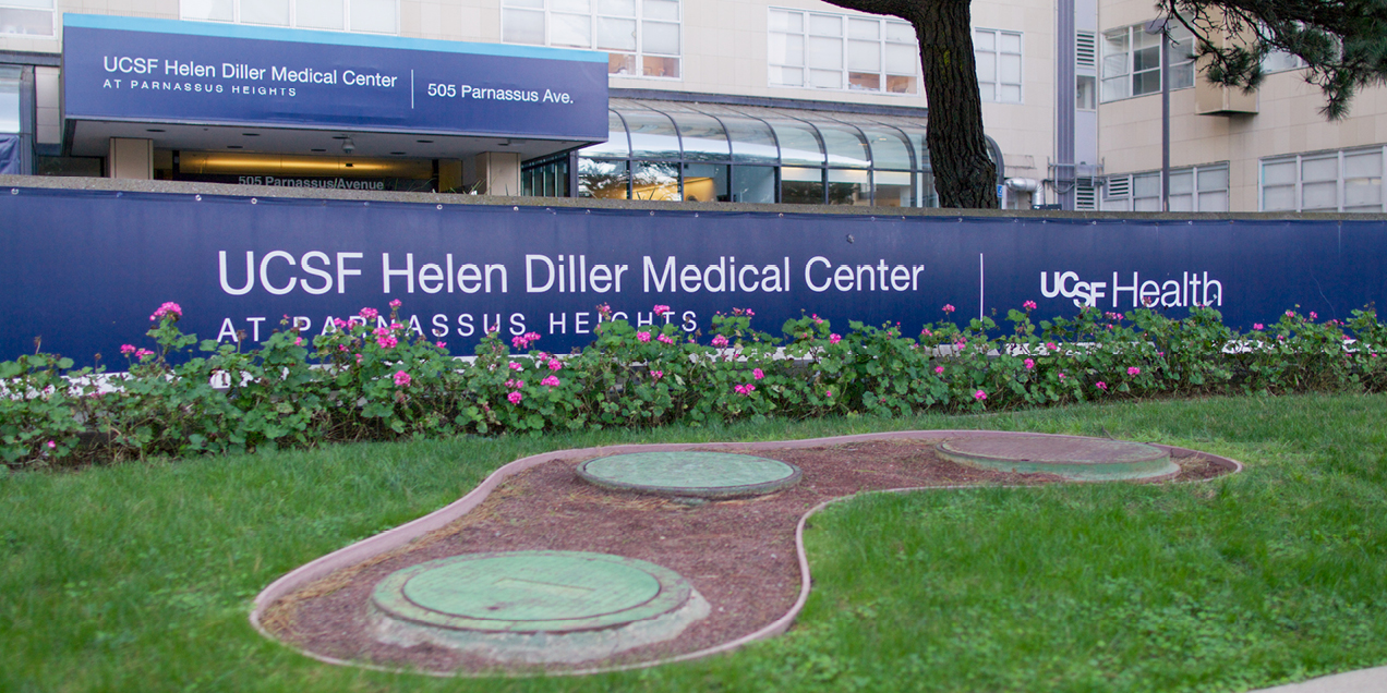Exterior view of UCSF Helen Diller Medical Center at Parnassus Heights, showing signage at 505 Parnassus Avenue in San Francisco.