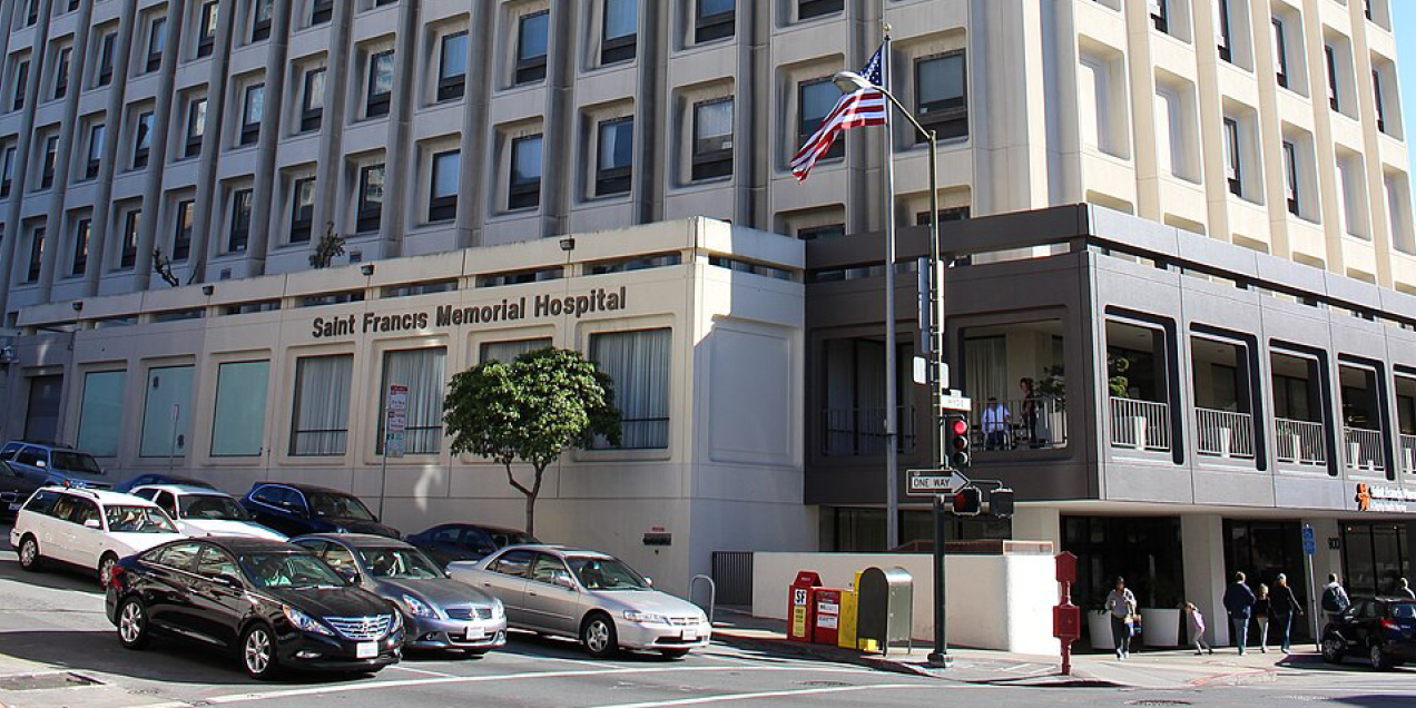 Exterior view of Saint Francis Memorial Hospital at 900 Hyde Street in San Francisco, showing the building entrance and street frontage.