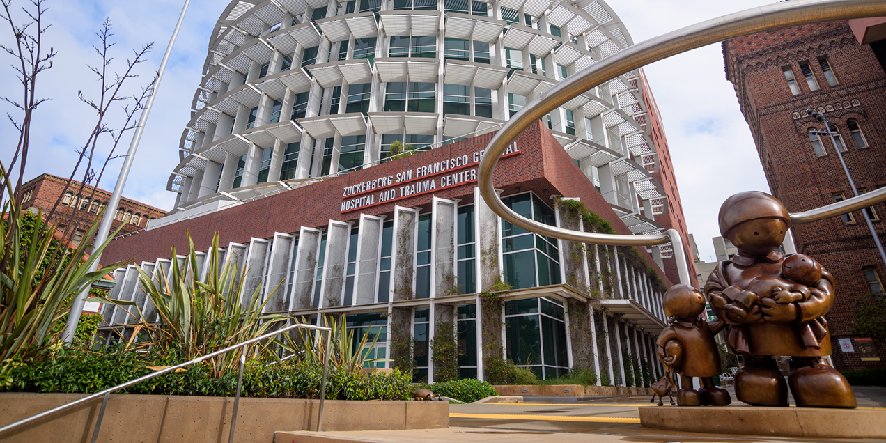 Exterior view of Zuckerberg San Francisco General Hospital and Trauma Center, showing the modern building facade at 1001 Potrero Avenue in San Francisco.