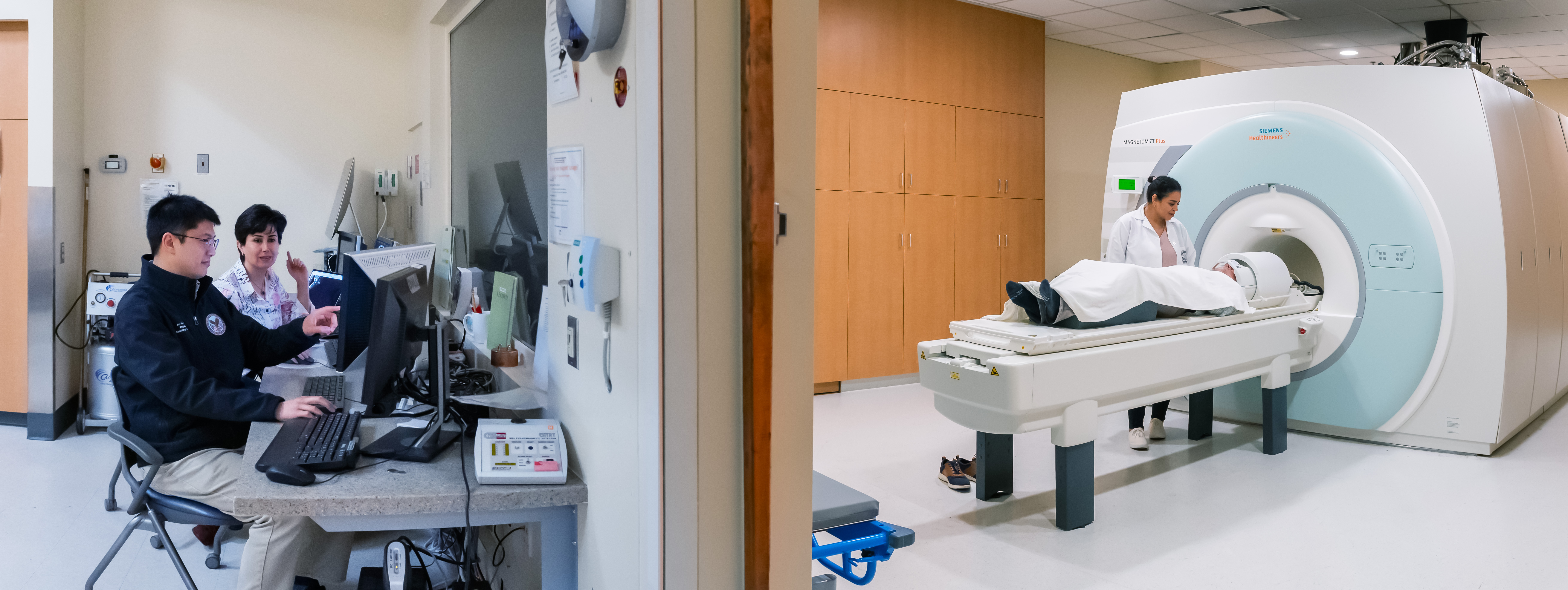 Patient on MRI machine with radiologist in control room