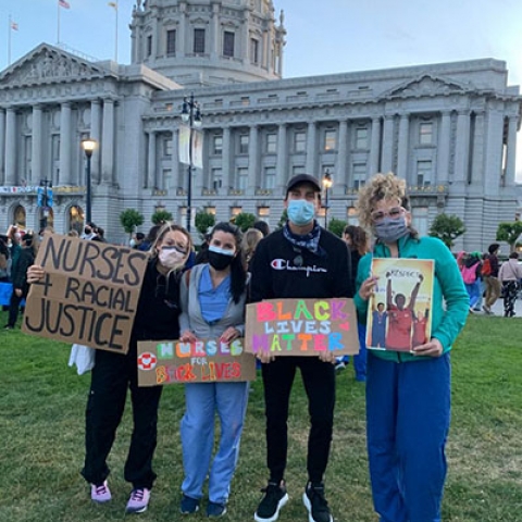 Left to Right: Jordan Kaitz, Jackie Rosende, Blake Young, Mayra Mendoza  Nurses met on June 11 for the NURSES FOR RACIAL JUSTICE MARCH in San Francisco, outside City Hall.