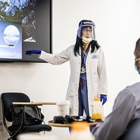 Resident and Fellow Orientation, July 1, 2020: While observing UCSF safety protocols, Dr. Soonmee Cha presents to new residents on their first day in the department.