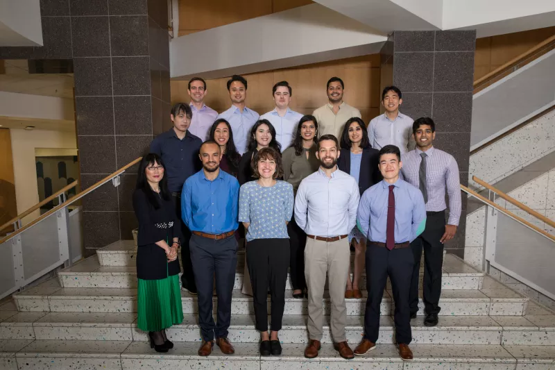 Sixteen people standing on a staircase