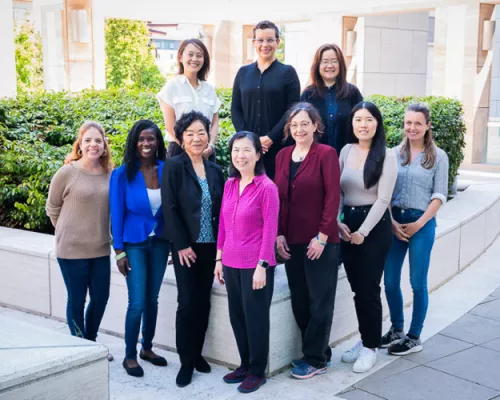 A group of 10 researchers pose outdoors in a courtyard with greenery and stone columns in the background. Five people stand in the back row and five in the front, smiling at the camera in business casual attire.
