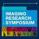 Event graphic for the “Imaging Research Symposium.” The design features large white text on bright blue layered rectangles over a dark blue patterned background. A thin white geometric line frame with circular endpoints accents the top and left side. Along the bottom is a colorful strip of small medical imaging thumbnails in yellow, pink, purple, green, and blue tones, including scans, X rays, and anatomical imagery.