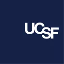 White UCSF logo centered on a dark navy blue background. The letters “UCSF” overlap in a modern sans serif style, creating a clean and minimal institutional logo design.