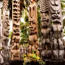 Traditional Hawaiian tiki figures at the Fairmont Orchid Resort on the Big Island of Hawaii promoting the UCSF Neuro and Musculoskeletal Imaging course, February 14–19, 2027.