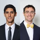 Side-by-side professional headshots of two men wearing suits and ties, facing the camera against a light gray background. The man on the left is wearing a dark patterned tie, and the man on the right is wearing glasses and a yellow patterned bow tie.