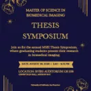 Navy and gold promotional flyer for the UCSF Master of Science in Biomedical Imaging Thesis Symposium. Decorative gold floral and star accents frame the text. The symposium celebrates graduate students presenting their research in biomedical imaging. Event details: August 19, 2026, 2:40–4:52 PM, Byers Auditorium, Genentech Hall, Mission Bay.