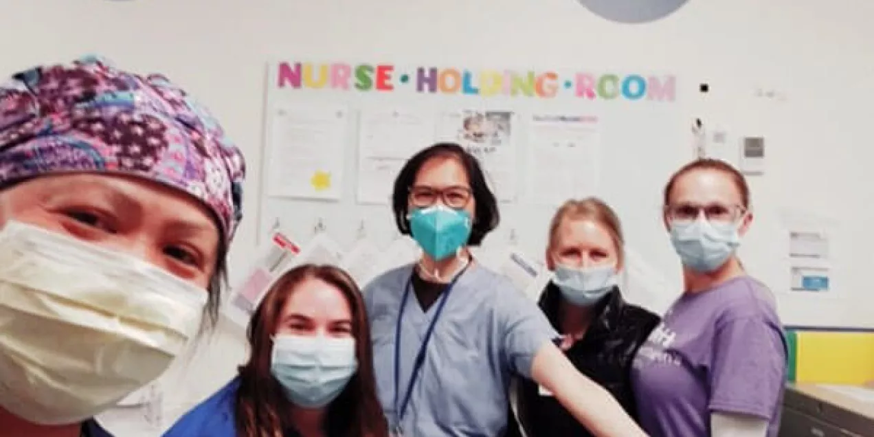 Photo taken in the radiology pediatric-focused nursing area. (L-R): UCSF Radiology nurses Jennifer Goddard, Lindsay Lawless, Charlene Fong, Jennifer O'Brien and Adela Tan
