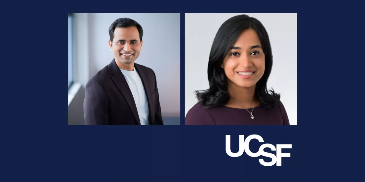 Two professional headshots side by side on a dark blue background with the UCSF logo below. On the left, a smiling man wearing a dark blazer and light shirt stands near a window. On the right, a smiling woman with shoulder-length dark hair wears a purple top and a necklace with a small pendant, photographed against a light background.