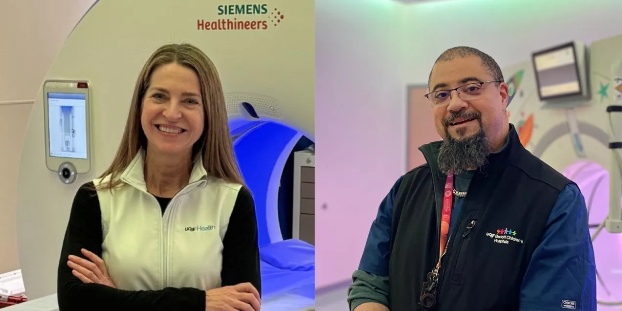 Two medical professionals stand in separate MRI suites. On the left, a woman with long brown hair smiles with her arms crossed in front of a Siemens Healthineers scanner. On the right, a man with glasses and a short beard smiles slightly while wearing a hospital badge and vest in a brightly lit pediatric imaging room