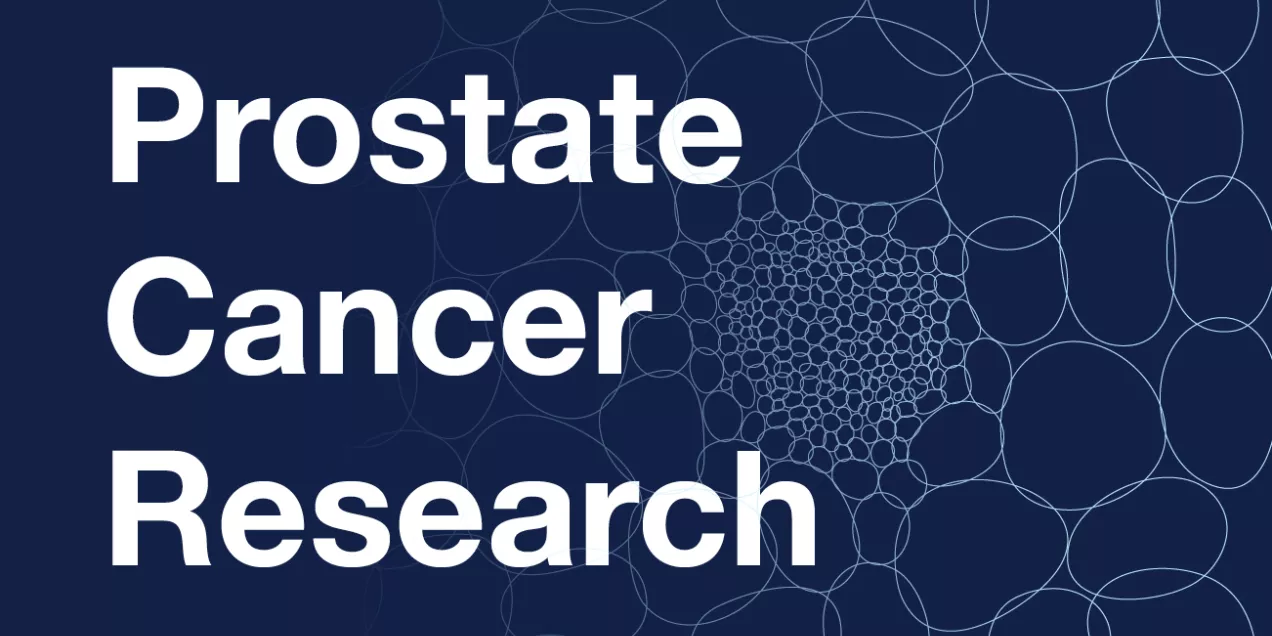Stylized graphic for Prostate Cancer Research featuring white text on a dark blue background with a circular, cell-like geometric pattern on the right side.