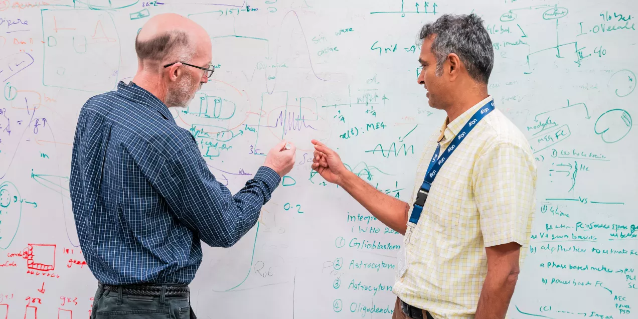 Neuroimaging researchers writing on a whiteboard