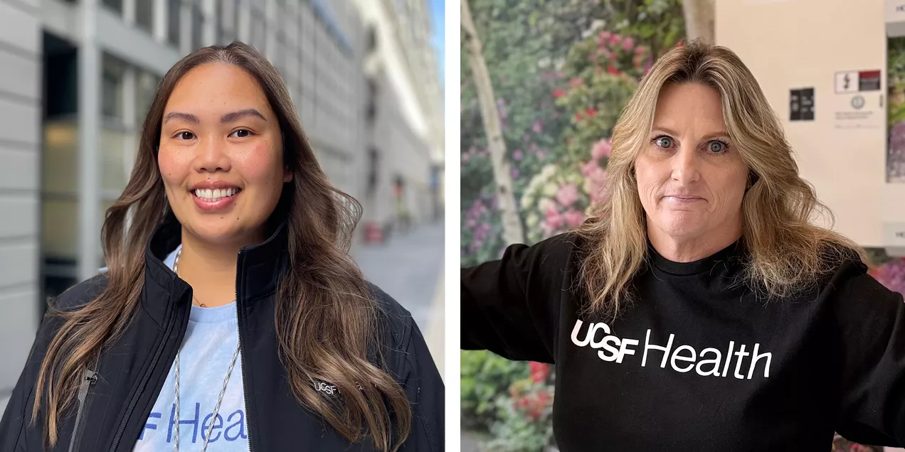 Two UCSF radiology staff members in side-by-side portraits, one outdoors in front of a building and the other indoors wearing a UCSF Health shirt.