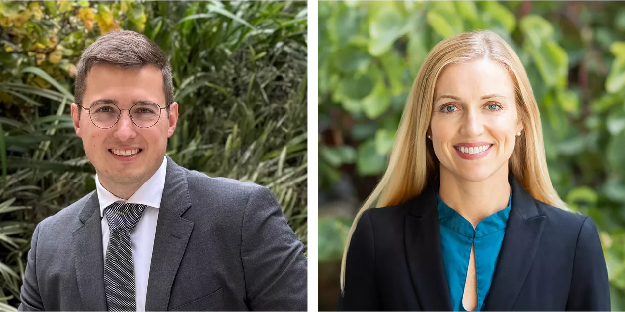 Two faculty members in side-by-side professional headshots against leafy outdoor backgrounds.