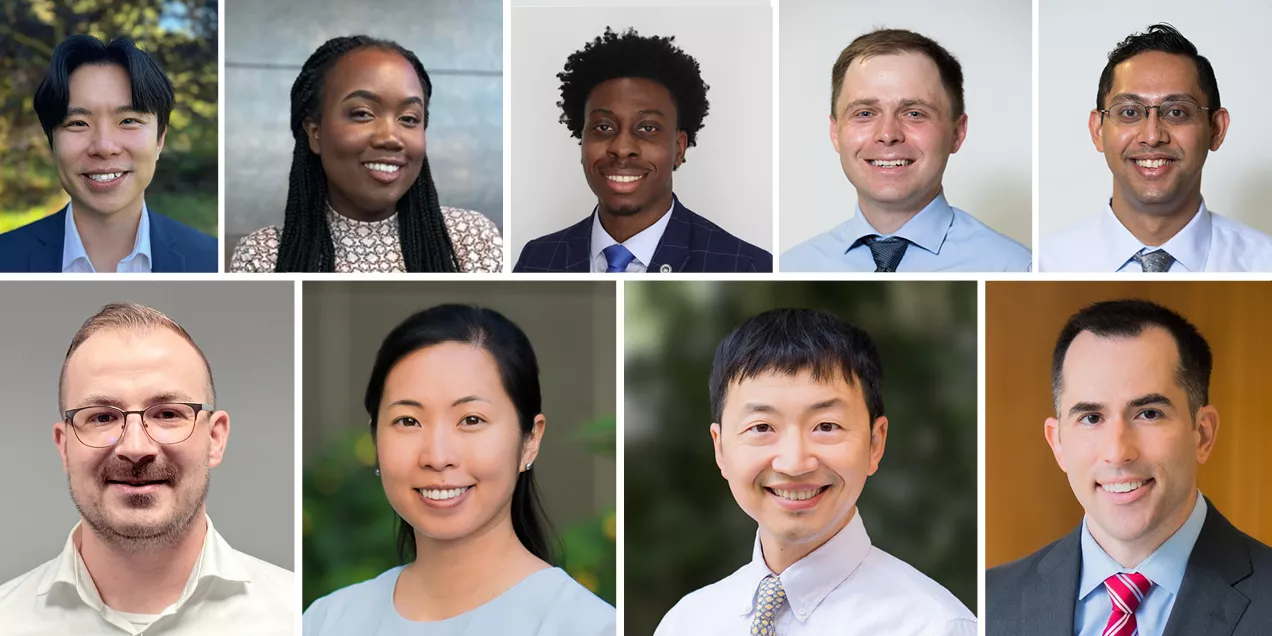 Alt text:  Composite image featuring eight professional headshots of individuals arranged in two rows. The portraits show a diverse group of smiling professionals in business or business-casual attire, photographed against a variety of neutral and softly blurred backgrounds. The collage appears to highlight a group of award recipients, researchers, trainees, or program participants in an academic or healthcare setting.