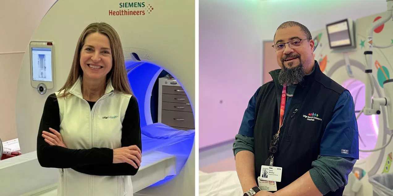 Two healthcare professionals stand in medical imaging suites. On the left, a woman smiles with her arms crossed in front of a Siemens Healthineers scanner. On the right, a man wearing a hospital badge and vest stands in a pediatric imaging room, highlighting excellence in patient care and medical imaging services.