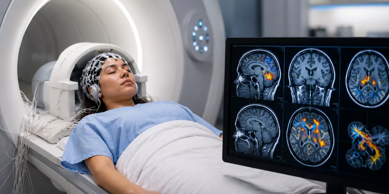 Patient undergoing an MRI examination while wearing an EEG monitoring cap with multiple electrodes and wires attached to the scalp. The patient lies comfortably on the MRI table as a nearby monitor displays detailed brain images with highlighted areas of activity. The combined MRI and EEG setup is used to evaluate brain function and help diagnose neurological conditions such as epilepsy.