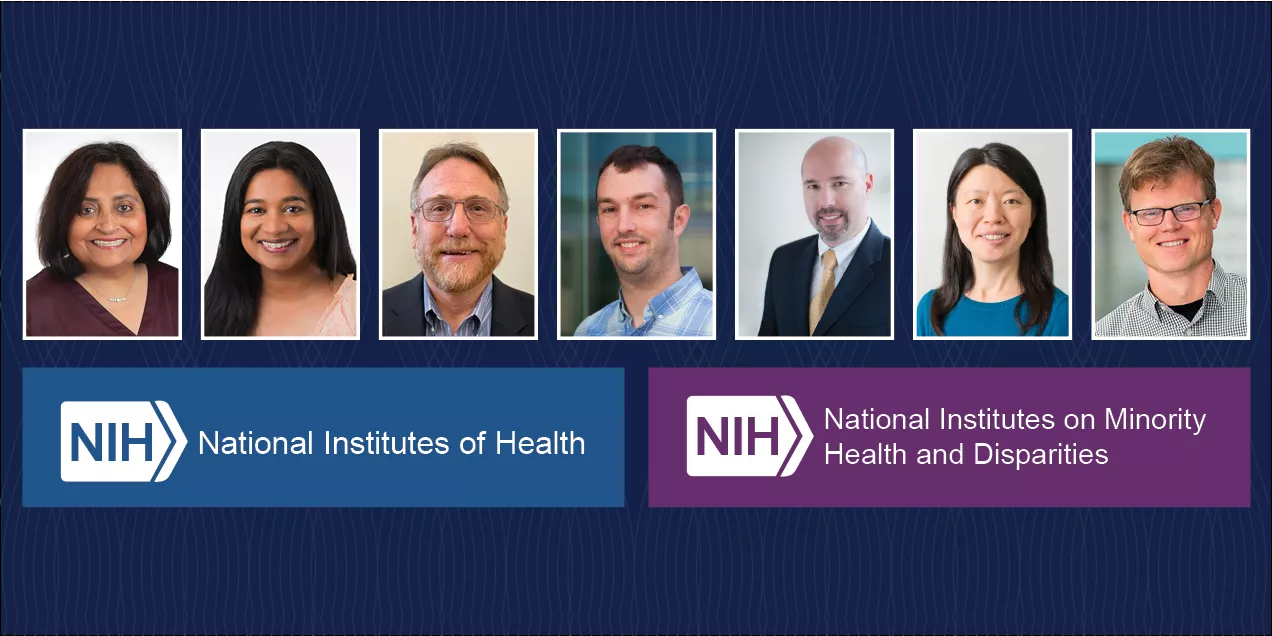 Composite graphic featuring headshots of seven researchers displayed across the top above logos for the National Institutes of Health (NIH) and the National Institute on Minority Health and Health Disparities (NIMHD). The design uses a dark blue patterned background and highlights NIH-supported research and leadership.