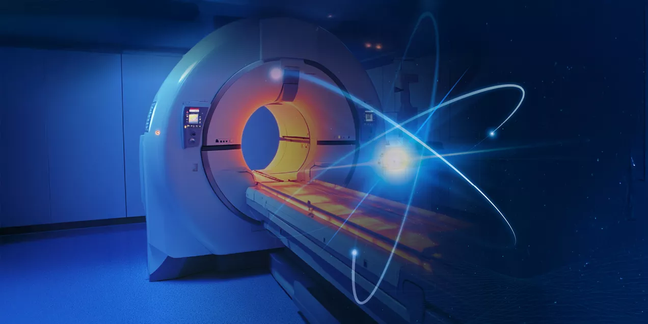 Illustration of a nuclear medicine imaging scanner with glowing blue and orange light effects. The image represents advanced molecular imaging technologies used to visualize biological processes and support the diagnosis and treatment of diseases, including cancer and neurological disorders.