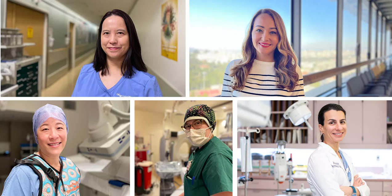 Collage of five healthcare professionals in clinical and hospital settings. The portraits show nurse practitioners wearing scrubs, lab coats, and surgical attire, with backgrounds including hospital corridors, procedure rooms, and an office overlooking the city. The individuals are smiling or looking toward the camera in professional healthcare environments.