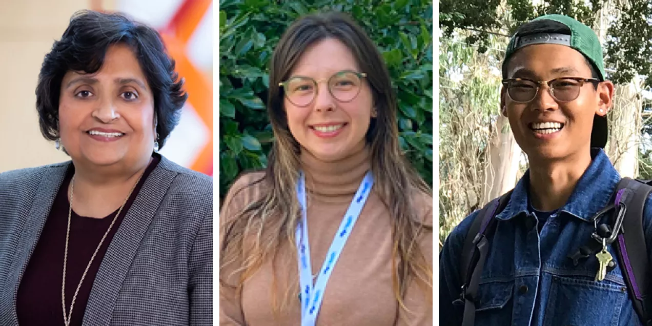 Three researchers shown in side-by-side portraits. On the left, a woman wearing a gray blazer and necklace smiles in an indoor setting with a softly blurred background. In the center, a woman wearing round glasses, a tan turtleneck sweater, and a conference lanyard stands outdoors in front of green foliage. On the right, a person wearing glasses, a backward green baseball cap, and a denim jacket smiles outdoors with a backpack and keys visible against a backdrop of trees.